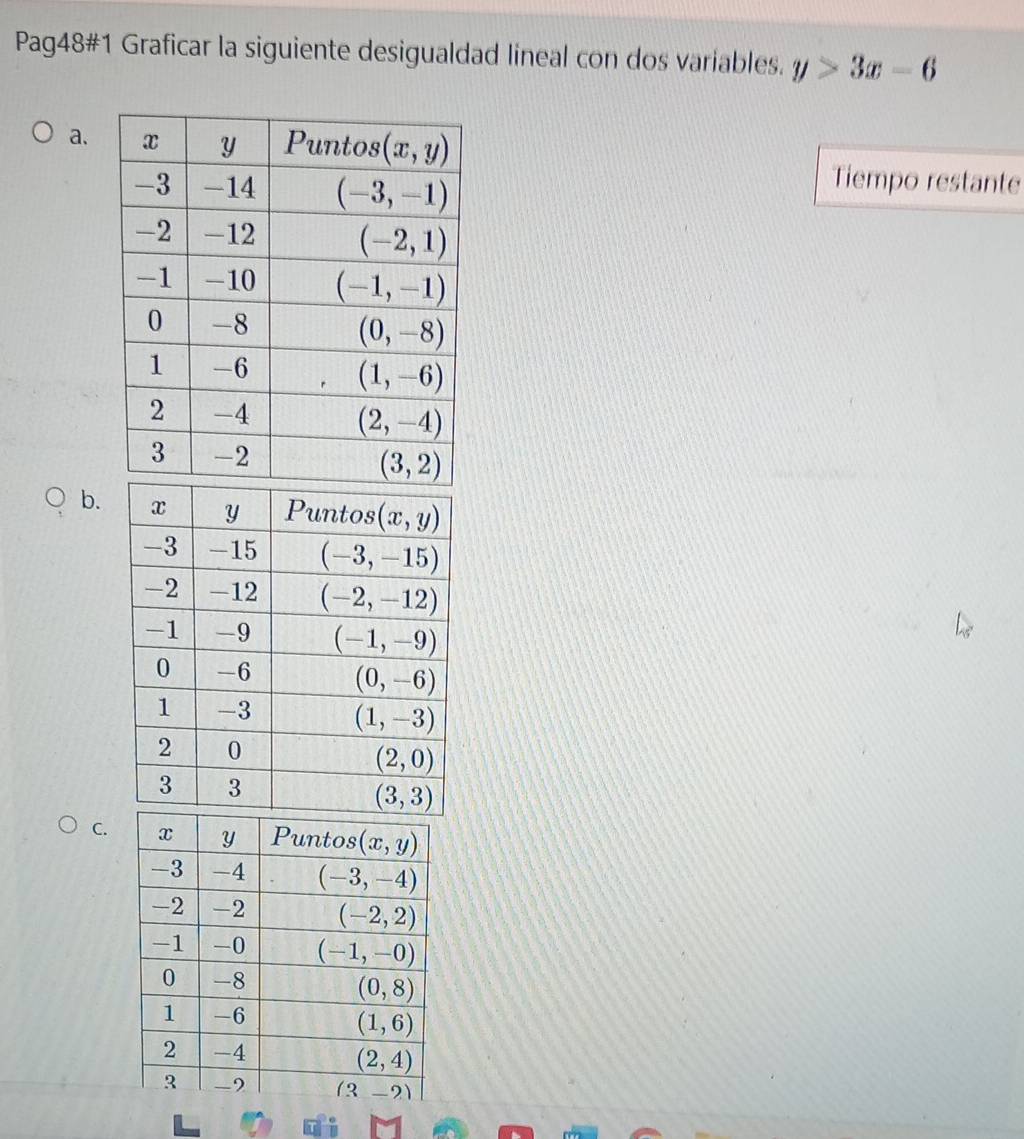 Pag48#1 Graficar la siguiente desigualdad lineal con dos variables. y>3x-6
a.
Tiempo restante
b.
C.