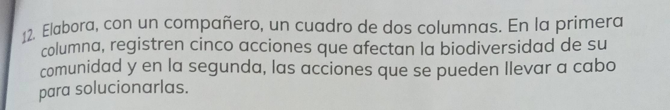 Elabora, con un compañero, un cuadro de dos columnas. En la primera 
columna, registren cinco acciones que afectan la biodiversidad de su 
comunidad y en la segunda, las acciones que se pueden Ilevar a cabo 
para solucionarlas.