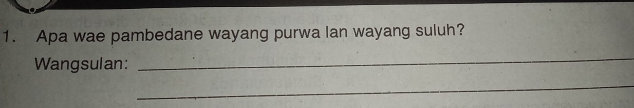 Apa wae pambedane wayang purwa lan wayang suluh? 
Wangsulan: 
_ 
_