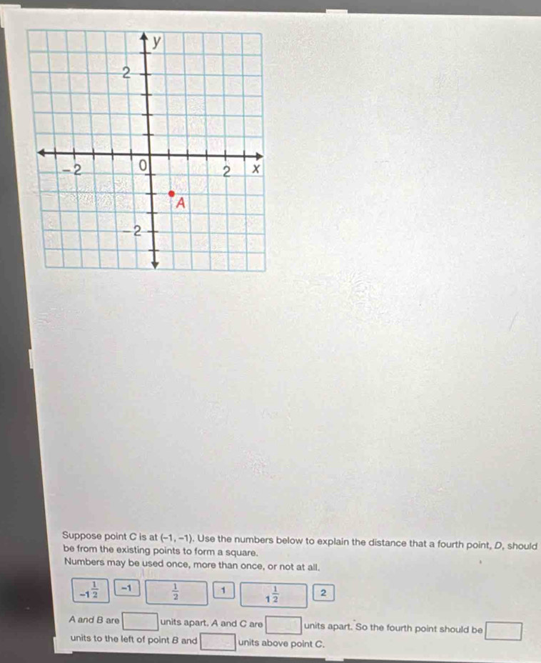 Suppose point C is at (-1,-1). Use the numbers below to explain the distance that a fourth point, D, should 
be from the existing points to form a square. 
Numbers may be used once, more than once, or not at all.
-1^(frac 1)2 -1  1/2  1 1^(frac 1)2 2
A and B are units apart. A and C are frac  units apart. So the fourth point should be □ 
units to the left of point B and units above point C.