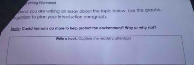 Writing Worksheet 
etend you are writing an essay about the topic below. Use the graphic 
organizer to plan your introduction paragraph. 
Topic: Could humans do more to help protect the environment? Why or why not? 
Write a hook: Capture the reader's attentioni