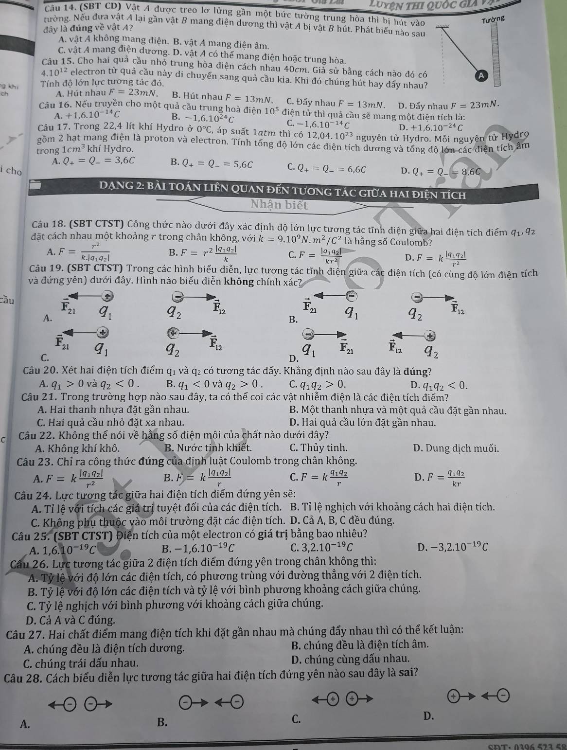 uyện thi quốc gia  v
Câu 14. (SBT CD) Vật A được treo lơ lửng gần một bức tường trung hòa thì bị hút vào
Tường
tường. Nếu đưa vật A lại gần vật B mang điện dương thì vật A bị vật B hút. Phát biểu nào sau
đây là đúng về vật A?
A. vật A không mang điện. B. vật A mang điện âm.
C. vật A mang điện dương. D. vật A có thể mang điện hoặc trung hòa.
Câu 15. Cho hai quả cầu nhỏ trung hòa điện cách nhau 40cm. Giả sử bằng cách nào đó có
a
4. 10^(12) electron từ quả cầu này di chuyển sang quả cầu kia. Khi đó chúng hút hay đấy nhau?
ng khí
Tính độ lớn lực tương tác đó,
ch A. Hút nhau F=23mN. B. Hút nhau F=13mN. C. Đẩy nhau F=13mN D. Đẩy nhau F=23mN.
Câu 16. Nếu truyền cho một quả cầu trung hoà điện 10^5 điện tử thì quả cầu sẽ mang một điện tích là:
A. +1,6.10^(-14)C B. -1,6.10^(24)C C. -1,6.10^(-14)C D. +1,6.10^(-24)C
Câu 17. Trong 22,4 lít khí Hydro 0°0°C , áp suất 1atm thì có 12,04 .10^(23)
gồm 2 hạt mang điện là proton và electron. Tính tổng độ lớn các 7. nguyên tử Hydro. Mỗi nguyên tử Hydro
trong 1cm^3 khí Hydro. en tích dương và tổng độ lớn các điện tích âm
A. Q_+=Q_-=3,6C B. Q_+=Q_-=5,6C C. Q_+=Q_-=6,6C
i cho D. Q_+=Q_-=8,6C
DẠNG 2: BÀI tOÁN LIÊN QUAN đếN tươnG táC GIữA hAI điện tích
Nhận biết
Câu 18. (SBT CTST) Công thức nào dưới đây xác định độ lớn lực tương tác tĩnh điện giữa hai điện tích điểm q_1,q_2
đặt cách nhau một khoảng r trong chân không, với k=9.10^9N.m^2/C^2 là hằng số Coulomb?
B.
A. F=frac r^2k.|q_1q_2| F=r^2frac |q_1q_2|k C. F=frac |q_1q_2|kr^2 D. F=kfrac |q_1q_2|r^2
Câu 19. (SBT CTST) Trong các hình biểu diễn, lực tương tác tĩnh điện giữa các điện tích (có cùng độ lớn điện tích
và đứng yên) dưới đây. Hình nào biểu diễn không chính xác?
cầu F_21 q_1
vector F_21
A.
q_2 vector F_12
B. q_1 q_2 vector F_12
vector F_21
q_2 vector F_12
C. q_1 q_1 vector F_21 vector F_12 q_2
D.
Câu 20. Xét hai điện tích điểm q1 và q₂ có tương tác đẩy. Khẳng định nào sau đây là đúng?
A. q_1>0 và q_2<0. B. q_1<0</tex> và q_2>0. C. q_1q_2>0. D. q_1q_2<0.
Câu 21. Trong trường hợp nào sau đây, ta có thể coi các vật nhiễm điện là các điện tích điểm?
A. Hai thanh nhựa đặt gần nhau. B. Một thanh nhựa và một quả cầu đặt gần nhau.
C. Hai quả cầu nhỏ đặt xa nhau. D. Hai quả cầu lớn đặt gần nhau.
C Câu 22. Không thể nói về hằng số điện môi của chất nào dưới đây?
A. Không khí khô. B. Nước tinh khiết. C. Thủy tinh. D. Dung dịch muối.
Câu 23. Chỉ ra công thức đúng của định luật Coulomb trong chân không.
A. F=kfrac |q_1q_2|r^2 F=kfrac |q_1q_2|r C. F=kfrac q_1q_2r D. F=frac q_1q_2kr
B.
Câu 24. Lực tương tác giữa hai điện tích điểm đứng yên sẽ:
A. Tỉ lệ với tích các giá trị tuyệt đối của các điện tích. B. Tỉ lệ nghịch với khoảng cách hai điện tích.
C. Không phụ thuộc vào môi trường đặt các điện tích. D. Cả A, B, C đều đúng.
Câu 25. (SBT CTST) Điện tích của một electron có giá trị bằng bao nhiêu?
A. 1,6.10^(-19)C B. -1,6.10^(-19)C C. 3,2.10^(-19)C D. -3,2.10^(-19)C
Câu 26. Lực tương tác giữa 2 điện tích điểm đứng yên trong chân không thì:
A. Tỷ lệ với độ lớn các điện tích, có phương trùng với đường thẳng với 2 điện tích.
B. Tỷ lệ với độ lớn các điện tích và tỷ lệ với bình phương khoảng cách giữa chúng.
C. Tỷ lệ nghịch với bình phương với khoảng cách giữa chúng.
D. Cả A và C đúng.
Câu 27. Hai chất điểm mang điện tích khi đặt gần nhau mà chúng đẩy nhau thì có thể kết luận:
A. chúng đều là điện tích dương. B. chúng đều là điện tích âm.
C. chúng trái dấu nhau. D. chúng cùng dấu nhau.
Câu 28. Cách biểu diễn lực tương tác giữa hai điện tích đứng yên nào sau đây là sai?
a -
B.
C.
D.
A.