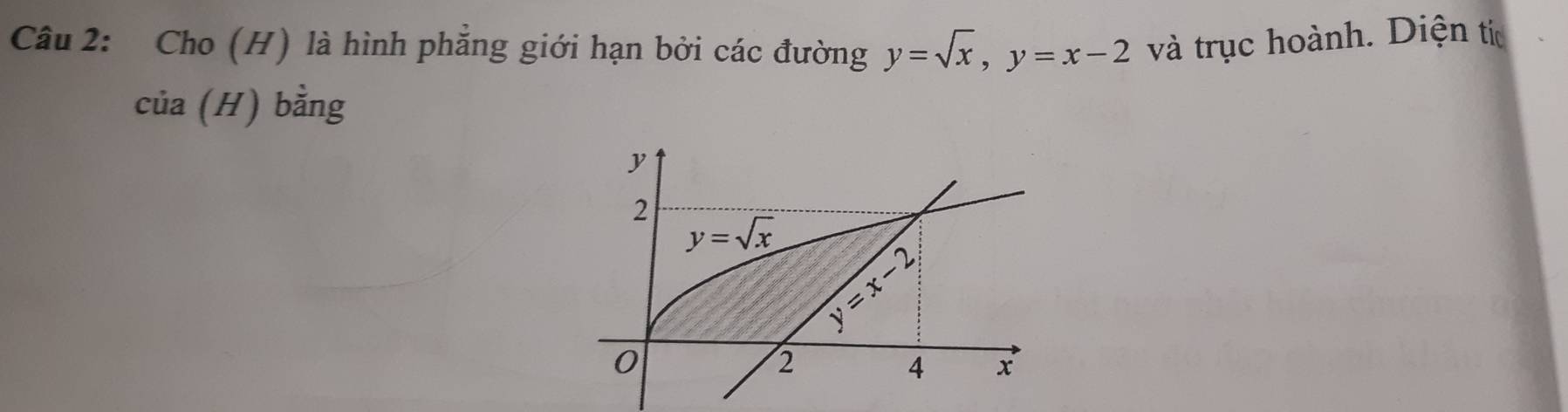 Cho (H) là hình phẳng giới hạn bởi các đường y=sqrt(x),y=x-2 và trục hoành. Diện từ
cia(H) bằng