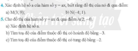 Xác định hệ số a của hàm số y=ax , biết rằng đồ thị của nó đi qua điễm: 
a) M(3;9) b) N(-4;1). 
5. Cho đồ thị của hàm số y=ax đi qua điểm A(2;-4). tao 
a) Xác định hệ số a 
b) Tìm toạ độ của điểm thuộc đồ thị có hoành độ bằng −3. 
c) Tìm toạ độ của điểm thuộc đồ thị có tung độ bằng −2.