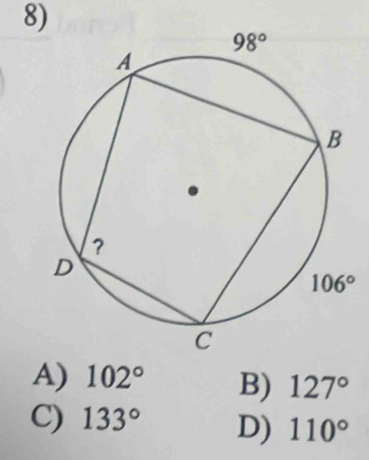 A) 102°
B) 127°
C) 133°
D) 110°