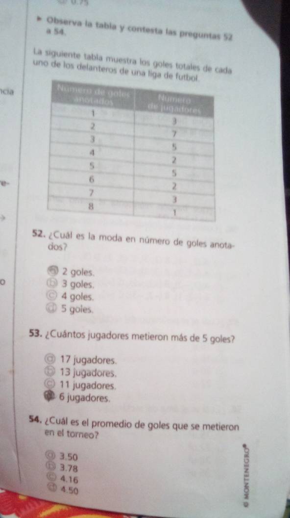 0.75
Observa la tabia y contesta las preguntas 52
a 54.
La siguiente tabía muestra los goles totales de cada
uno de los delanteros de una liga 
cia
52. ¿Cuál es la moda en número de goles anota-
dos?
2 goles.
3 goles.
4 goles.
5 goles.
53. ¿Cuántos jugadores metieron más de 5 goles?
17 jugadores.
13 jugadores.
11 jugadores.
6 jugadores.
54. ¿Cuál es el promedio de goles que se metieron
en el torneo?
◎ 3.50
⑥ 3.78
4.16
4.50
2