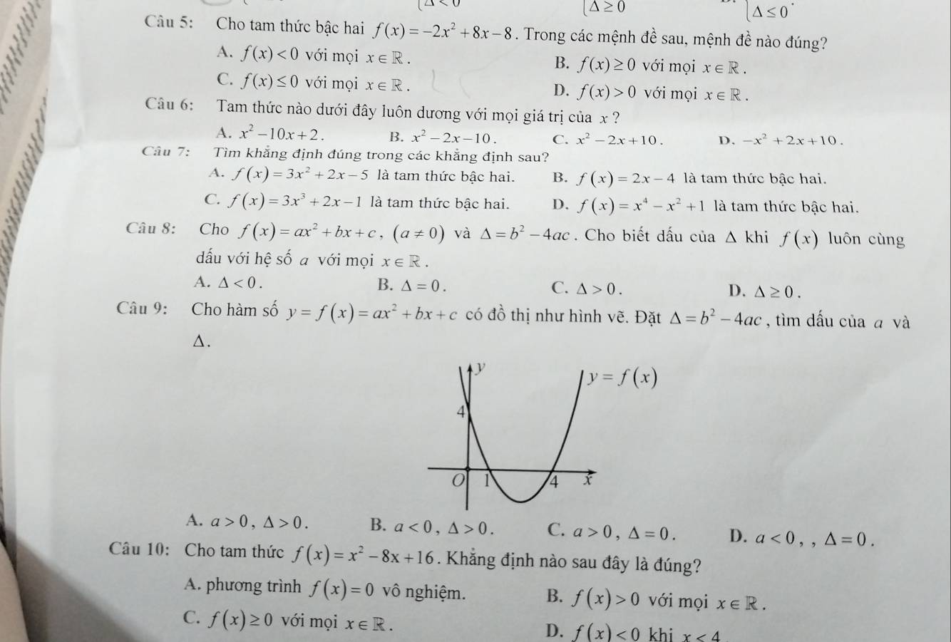 (△ O
(△ ≥ 0
beginarrayl △ ≤ 0endarray.
Câu 5: Cho tam thức bậc hai f(x)=-2x^2+8x-8. Trong các mệnh đề sau, mệnh đề nào đúng?
A. f(x)<0</tex> với mọi x∈ R. với mọi x∈ R.
B. f(x)≥ 0
C. f(x)≤ 0 với mọi x∈ R.
D. f(x)>0 với mọi x∈ R.
Câu 6: Tam thức nào dưới đây luôn dương với mọi giá trị của x ?
A. x^2-10x+2. B. x^2-2x-10. C. x^2-2x+10. D. -x^2+2x+10.
Câu 7: Tìm khẳng định đúng trong các khẳng định sau?
A. f(x)=3x^2+2x-5 là tam thức bậc hai. B. f(x)=2x-4 là tam thức bậc hai.
C. f(x)=3x^3+2x-1 là tam thức bậc hai. D. f(x)=x^4-x^2+1 là tam thức bậc hai.
Câu 8: Cho f(x)=ax^2+bx+c,(a!= 0) và △ =b^2-4ac. Cho biết dấu của △ khi f(x) luôn cùng
dấu với hệ số a với mọi x∈ R.
A. △ <0. B. △ =0. C. △ >0. D. △ ≥ 0.
Câu 9: Cho hàm số y=f(x)=ax^2+bx+c có đồ thị như hình vẽ. Đặt △ =b^2-4ac , tìm dấu của ā và
△.
A. a>0,△ >0. B. a<0,△ >0. C. a>0,△ =0. D. a<0,,△ =0.
Câu 10: Cho tam thức f(x)=x^2-8x+16. Khẳng định nào sau đây là đúng?
A. phương trình f(x)=0 vô nghiệm. B. f(x)>0 với mọi x∈ R.
C. f(x)≥ 0 với mọi x∈ R. D. f(x)<0</tex> khi x<4</tex>