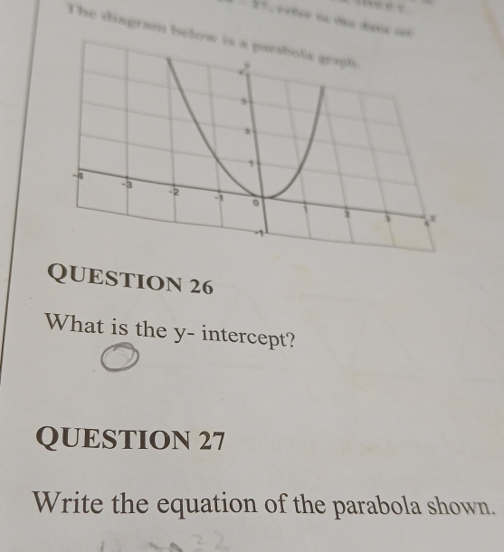 x=21
The diagram below 
QUESTION 26 
What is the y - intercept? 
QUESTION 27 
Write the equation of the parabola shown.