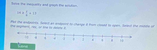 Solve the inequality and graph the solution.
14≥  y/6 +13
Plot the endpoints. Select an endpoint to change it from closed to open. Select the middle of 
the segment, ray, or line to delete it. 
Submit