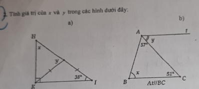 Tính giá trị của x và ý trong các hình dưới đây:
b)
a)