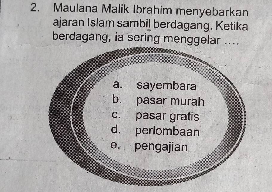 Maulana Malik Ibrahim menyebarkan 
ajaran Islam sambil berdagang. Ketika 
berdagang, ia sering menggelar ....