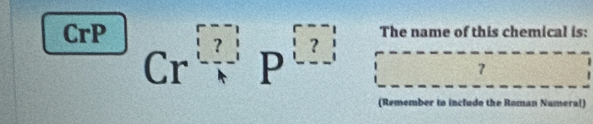 CrP The name of this chemical is:
Cr^(beginbmatrix) -- 2endbmatrix  P beginarrayr ? -
7
(Remember to include the Roman Numeral)