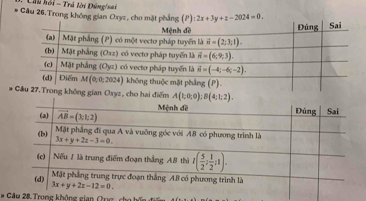 Cầu hồi - Trả lời Đúng/sai
» Câu 26. Trong không gian Oxyz , cho mặt phẳng (P) 2x+3y+z-2024=0.
»ian Oxyz , cho hai điểm 
* Câu 28. Trong không gian Qxvz, cho bốn điể