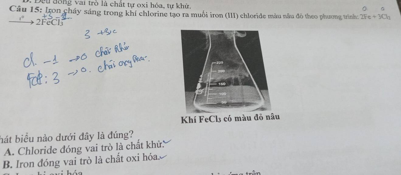 Đểu đóng vai trò là chất tự oxi hóa, tự khử.
。
Câu 15: Iron cháy sáng trong khí chlorine tạo ra muối iron (III) chloride màu nâu đỏ theo phương trình: 2Fe+3Cl_2
2FeCl3
hát biểu nào dưới đây là đúng?
A. Chloride đóng vai trò là chất khử:
B. Iron đóng vai trò là chất oxi hóa.