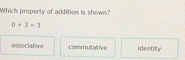 Which property of addition is shown?
0+3=3
associative commutative identity