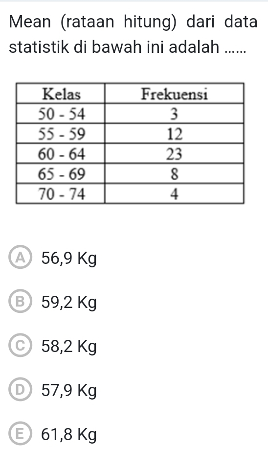 Mean (rataan hitung) dari data
statistik di bawah ini adalah ......
A 56,9 Kg
B 59,2 Kg
58,2 Kg
D 57,9 Kg
E 61,8 Kg