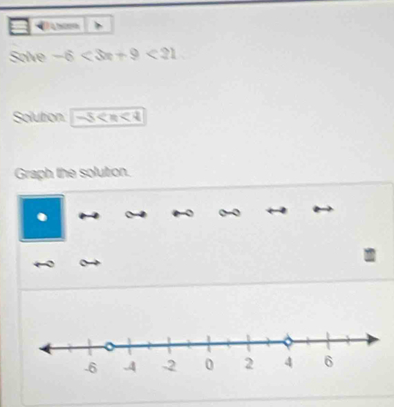 Solve -6<3x+9<21</tex> 
Solution -5
Graph the solution. 
. 
.