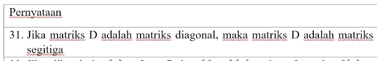 Pernyataan 
31. Jika matriks D adalah matriks diagonal, maka matriks D adalah matriks 
segitiga