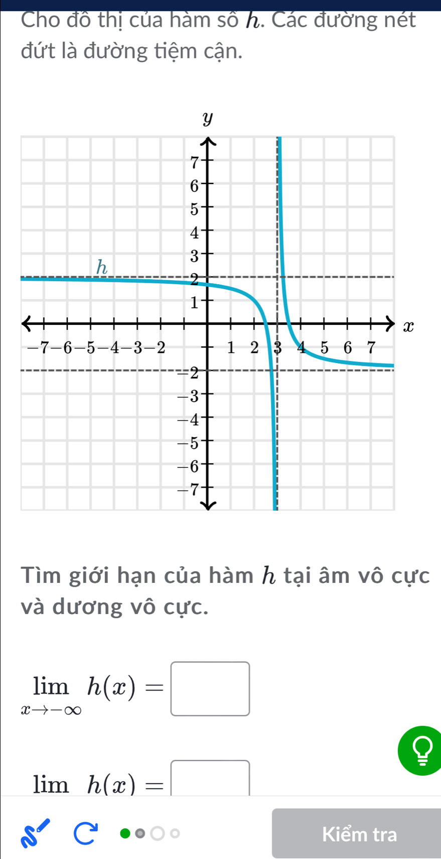 Cho đồ thị của hàm số h. Các đường nét 
đứt là đường tiệm cận. 
Tìm giới hạn của hàm h tại âm vô cực 
và dương vô cực.
limlimits _xto -∈fty h(x)=□
limh(x)=□
· · Obigcirc c Kiểm tra