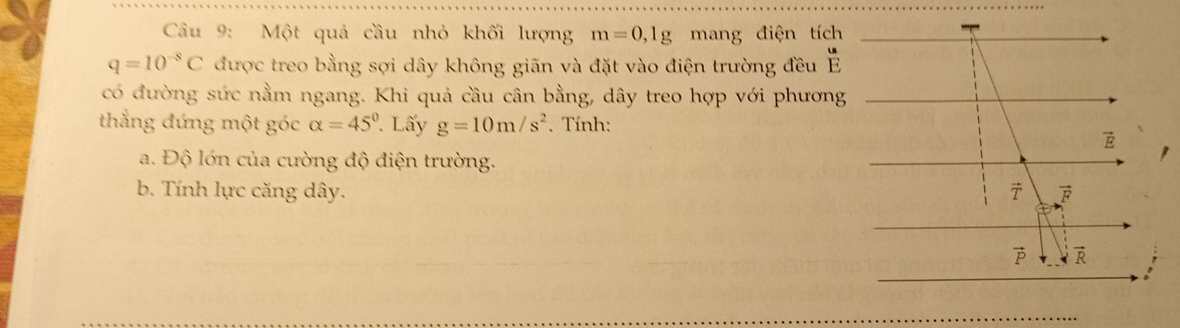 Một quả cầu nhỏ khối lượng m=0,1g mang điện tích
q=10^(-8)C được treo bằng sợi dây không giãn và đặt vào điện trường đều  
có đường sức nằm ngang. Khi quả cầu cân bằng, dây treo hợp với phương
thẳng đứng một góc alpha =45° Lấy g=10m/s^2. Tính:
a. Độ lớn của cường độ điện trường.
b. Tính lực căng dây.