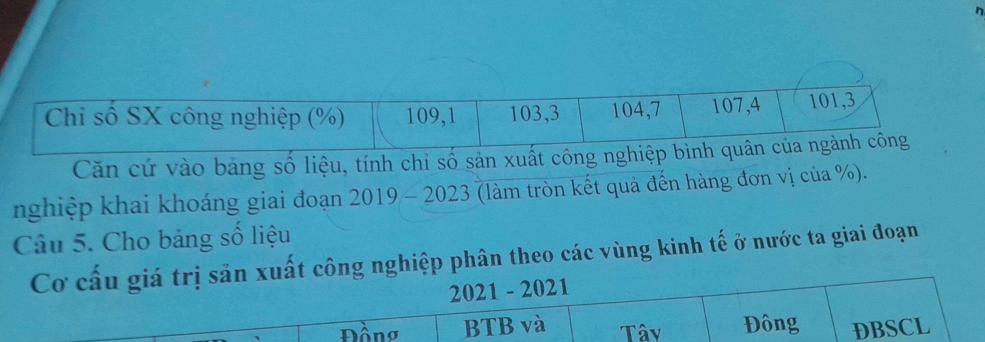 Chi số SX công nghiệp (%) 109, 1 103, 3 104, 7 107, 4 101, 3
Căn cứ vào bảng số liệu, tính chỉ số sản xuất công nghiệp bình quân của ngành công
nghiệp khai khoáng giai đoạn 2019-2023 (làm tròn kết quả đến hàng đơn vị của %).
Câu 5. Cho bảng số liệu
Cơ cấu giá trị sản xuất công nghiệp phân theo các vùng kinh tế ở nước ta giai đoạn
2021 - 2021
Đồng BTB và Đông DBSCL
Tâv