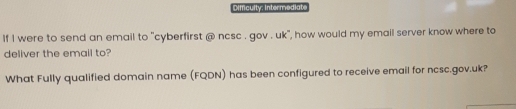 Dificulty: Intermediate 
If I were to send an email to "cyberfirst @ ncsc . gov . uk", how would my email server know where to 
deliver the email to? 
What Fully qualified domain name (FQDN) has been configured to receive email for ncsc.gov.uk?