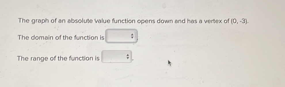 The graph of an absolute value function opens down and has a vertex of (0,-3). 
The domain of the function is
The range of the function is