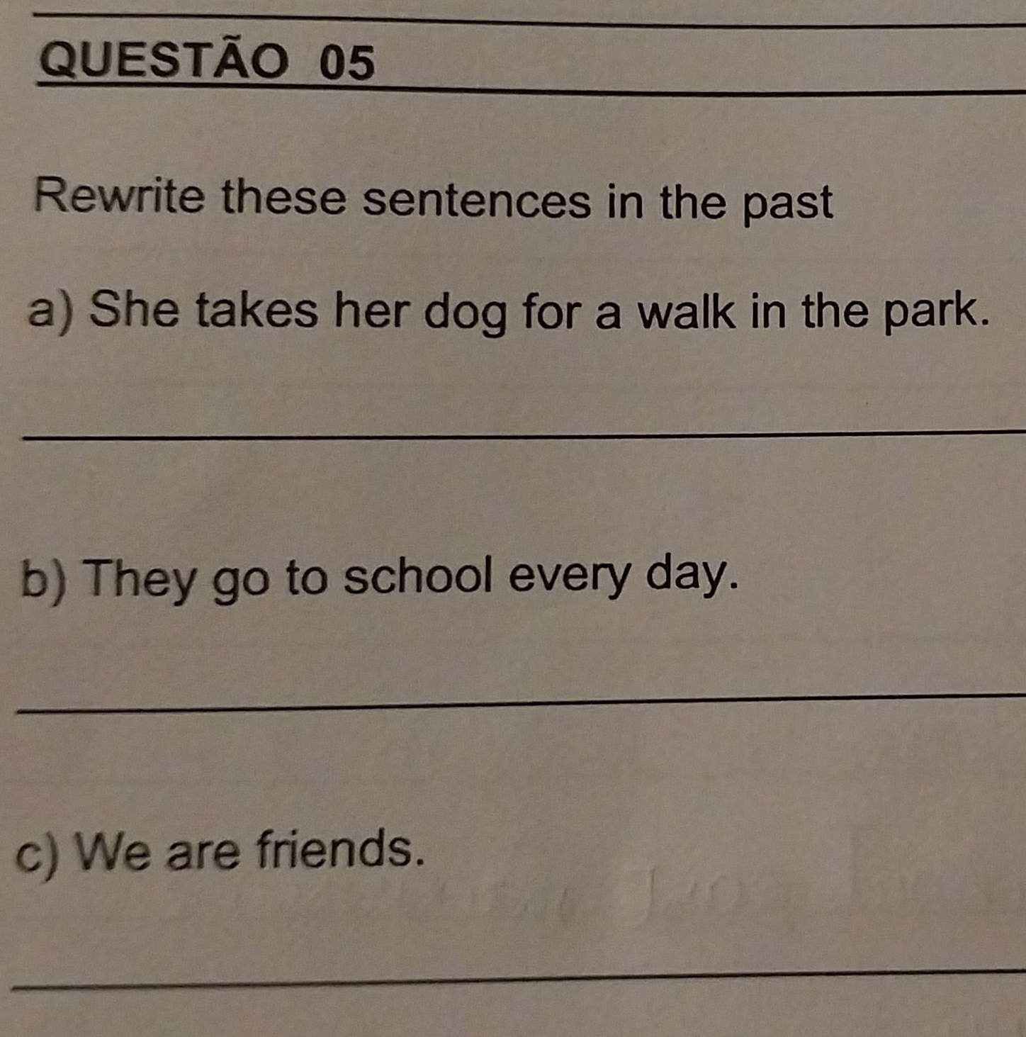 Rewrite these sentences in the past 
a) She takes her dog for a walk in the park. 
_ 
b) They go to school every day. 
_ 
c) We are friends. 
_