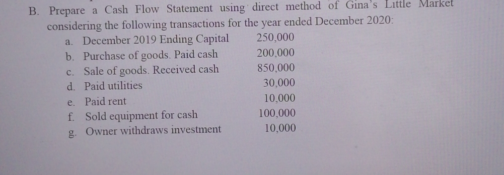 Prepare a Cash Flow Statement using direct method of Gina’s Little Market 
considering the following transactions for the year ended December 2020: 
a. December 2019 Ending Capital 250,000
b. Purchase of goods. Paid cash 200,000
c. Sale of goods. Received cash 850,000
d. Paid utilities 30,000
e. Paid rent 10,000
f. Sold equipment for cash 100,000
g. Owner withdraws investment 10,000