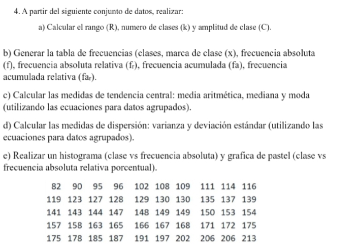 A partir del siguiente conjunto de datos, realizar: 
a) Calcular el rango (R), numero de clases (k) y amplitud de clase (C). 
b) Generar la tabla de frecuencias (clases, marca de clase (x), frecuencia absoluta 
(f), frecuencia absoluta relativa (f₇), frecuencia acumulada (fa), frecuencia 
acumulada relativa (far). 
c) Calcular las medidas de tendencia central: media aritmética, mediana y moda 
(utilizando las ecuaciones para datos agrupados). 
d) Calcular las medidas de dispersión: varianza y deviación estándar (utilizando las 
ecuaciones para datos agrupados). 
e) Realizar un histograma (clase vs frecuencia absoluta) y grafica de pastel (clase vs 
frecuencia absoluta relativa porcentual).
82 90 95 96 102 108 109 111 114 116
119 123 127 128 129 130 130 135 137 139
141 143 144 147 148 149 149 150 153 154
157 158 163 165 166 167 168 171 172 175
175 178 185 187 191 197 202 206 206 213