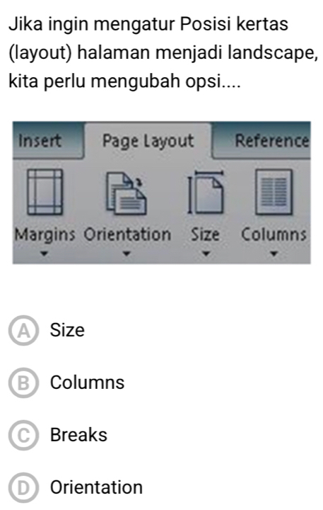 Jika ingin mengatur Posisi kertas
(layout) halaman menjadi landscape,
kita perlu mengubah opsi....
A Size
B Columns
C Breaks
D Orientation