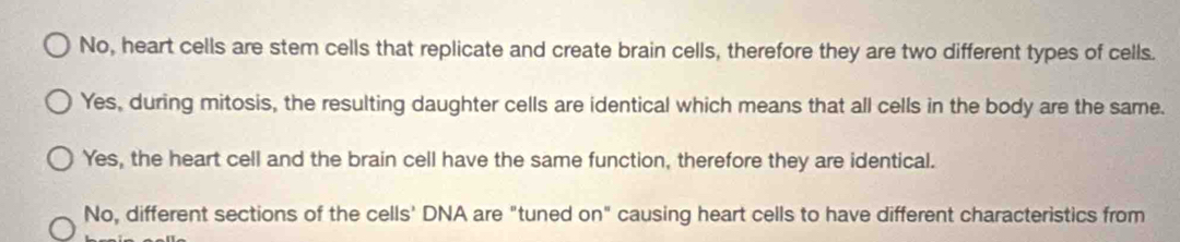 No, heart cells are stem cells that replicate and create brain cells, therefore they are two different types of cells.
Yes, during mitosis, the resulting daughter cells are identical which means that all cells in the body are the same.
Yes, the heart cell and the brain cell have the same function, therefore they are identical.
No, different sections of the cells' DNA are "tuned on" causing heart cells to have different characteristics from