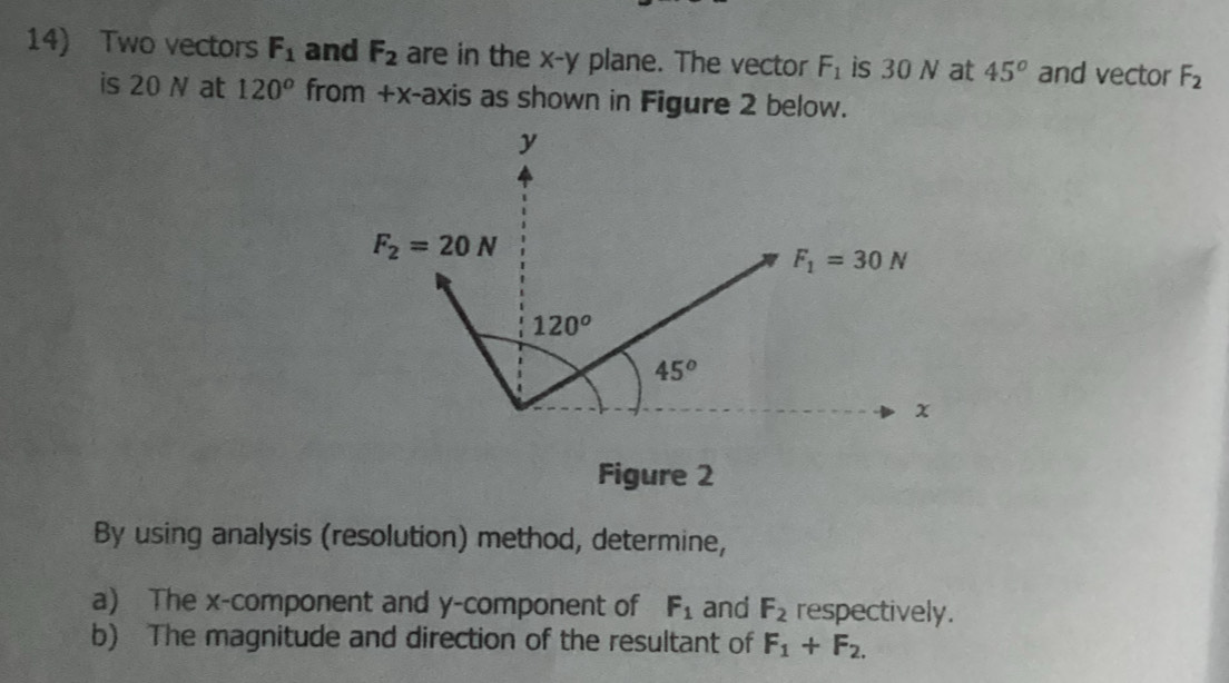 Two vectors F_1 and F_2 are in the x-y plane. The vector F_1 is 30 N at 45^o and vector F_2
is 20 N at 120^o from +x-axis as shown in Figure 2 below.
Figure 2
By using analysis (resolution) method, determine,
a) The x-component and y-component of F_1 and F_2 respectively.
b) The magnitude and direction of the resultant of F_1+F_2.