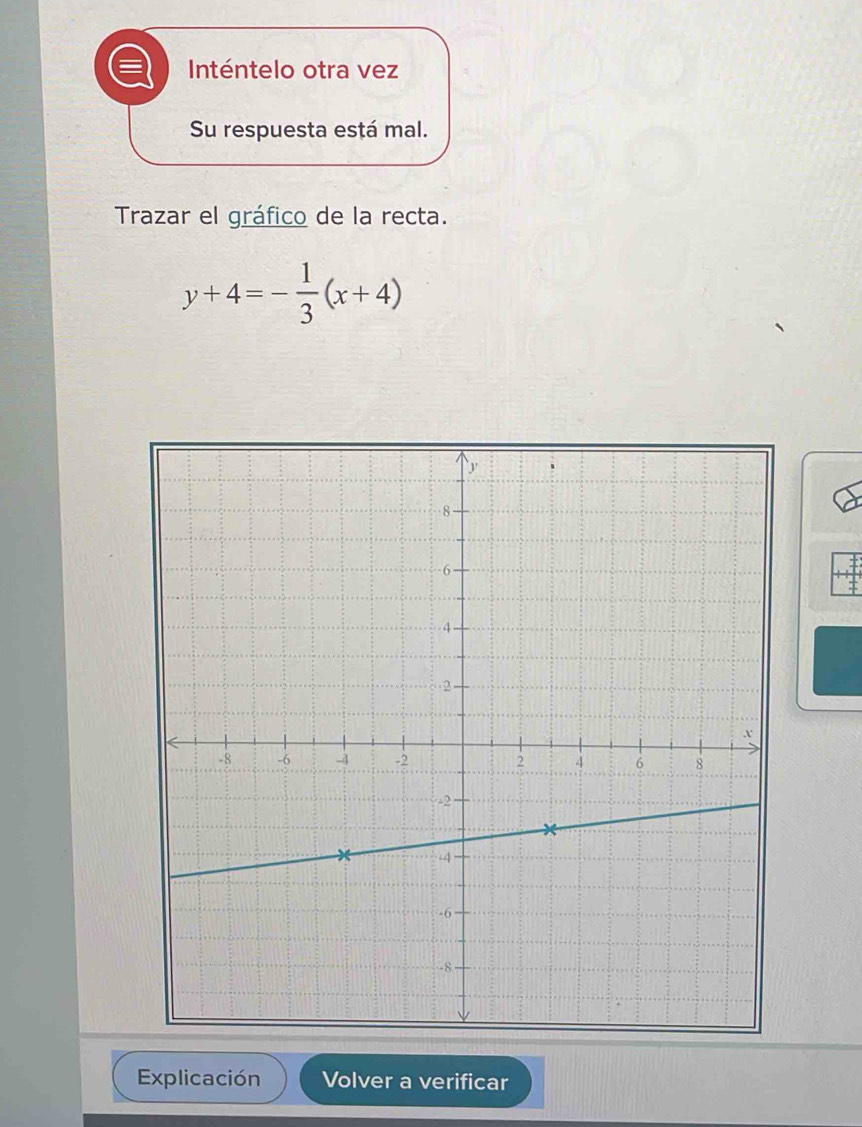 Inténtelo otra vez 
Su respuesta está mal. 
Trazar el gráfico de la recta.
y+4=- 1/3 (x+4)
Explicación Volver a verificar