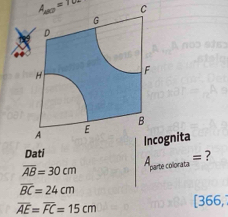 Incognita
overline AB=30cm A_partecolorata= ?
overline BC=24cm
overline AE=overline FC=15cm [366,