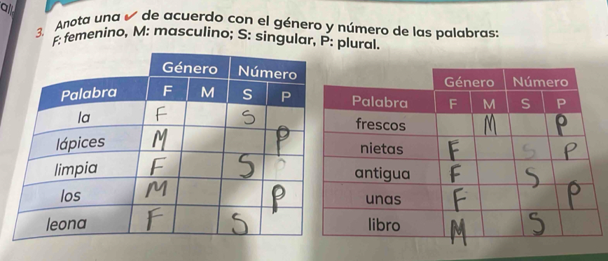 all 
3. Anota una de acuerdo con el género y número de las palabras: 
F: femenino, M: masculino; S: singular, P: plural.