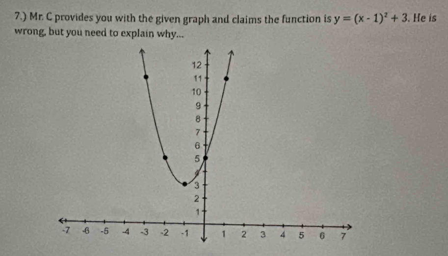 7.) Mr. C provides you with the given graph and claims the function is y=(x-1)^2+3. He is 
wrong, but you need to explain why...