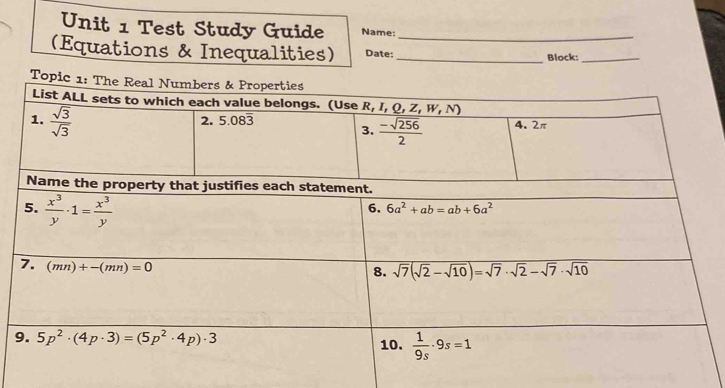 Solved: Test Study Guide Name:_ (Equations & Inequalities) Date: _Block ...