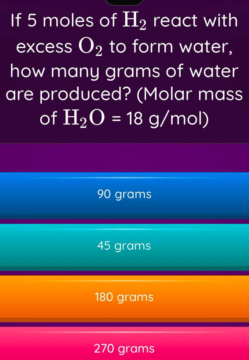 If 5 moles of H_2 react with
excess O_2 to form water,
how many grams of water
are produced? (Molar mass
of H_2O=18g/mol)
90 grams
45 grams
180 grams
270 grams