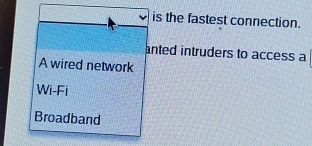 is the fastest connection.
anted intruders to access a
A wired network
Wi-Fi
Broadband