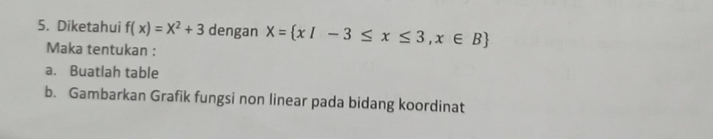 Diketahui f(x)=x^2+3 dengan X= x|-3≤ x≤ 3,x∈ B
Maka tentukan : 
a. Buatlah table 
b. Gambarkan Grafik fungsi non linear pada bidang koordinat