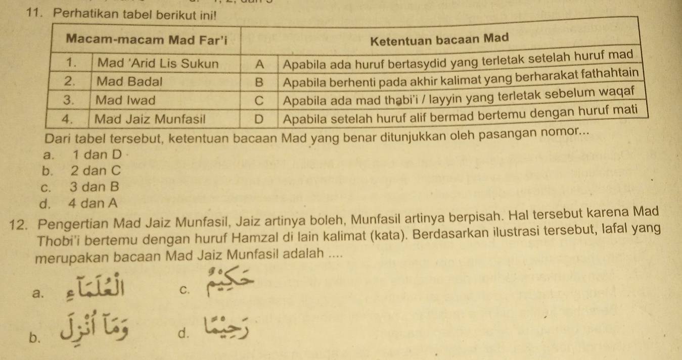 Perh
Dari tabel tersebut, ketentuan bacaan Mad yang benar ditunjukkan oleh
a. 1 dan D
b. 2 dan C
c. 3 dan B
d. 4 dan A
12. Pengertian Mad Jaiz Munfasil, Jaiz artinya boleh, Munfasil artinya berpisah. Hal tersebut karena Mad
Thobi'i bertemu dengan huruf Hamzal di lain kalimat (kata). Berdasarkan ilustrasi tersebut, lafal yang
merupakan bacaan Mad Jaiz Munfasil adalah ....
a.
C.
b. Jzšíis
d.