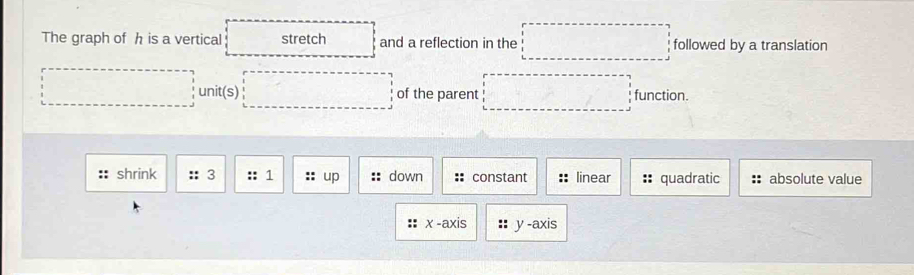 The graph of h is a vertical stretch and a reflection in the followed by a translation 
unit(s) of the parent function. 
shrink :: 3 :: 1 up :: down constant linear quadratic :: absolute value
x -axis y -axis