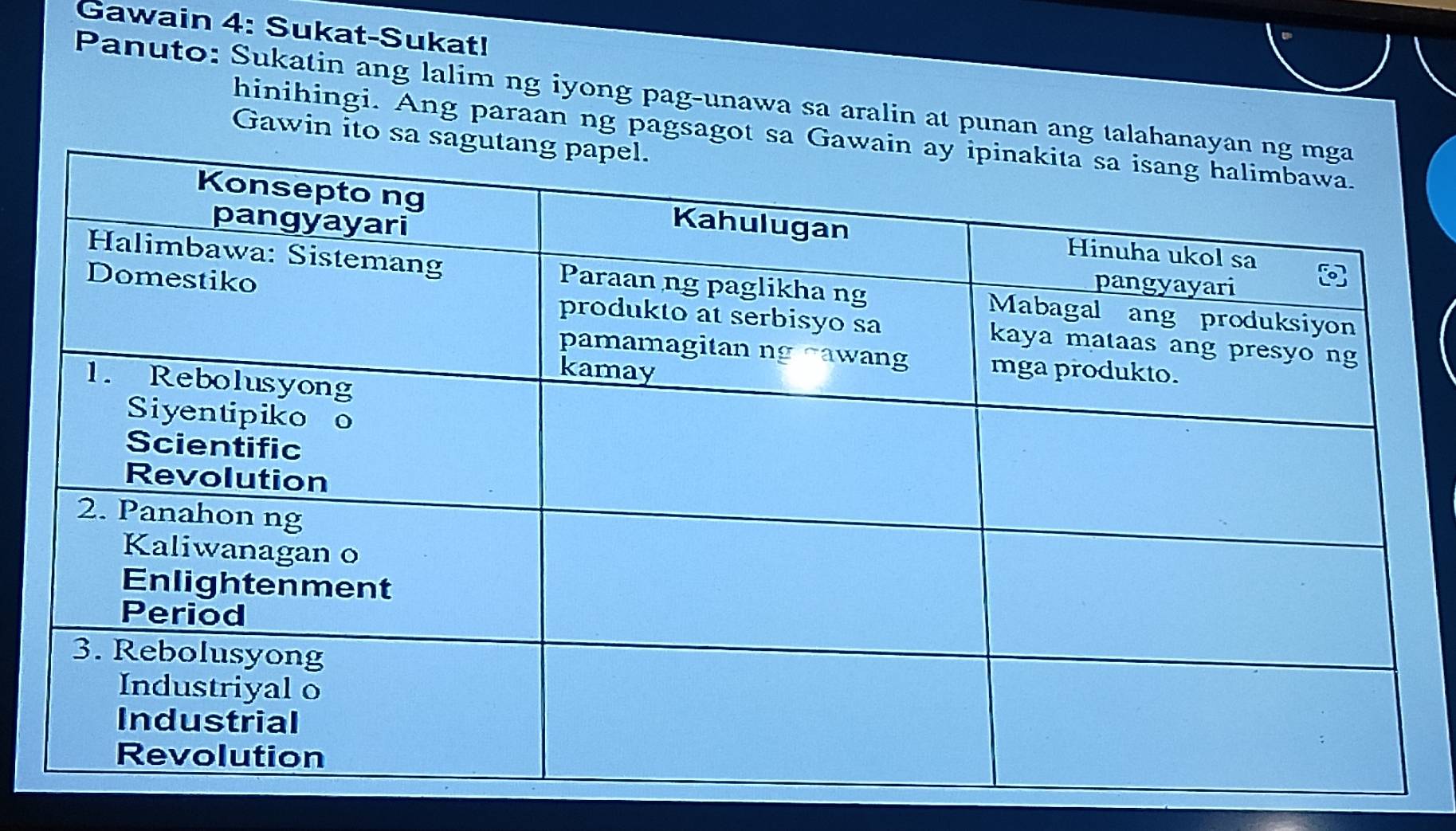 Gawain 4: Sukat-Sukat! 
Panuto: Sukatin ang lalim ng iyong pag-unawa sa aralin at punan ang talah 
hinihingi. Ang paraan ng pagsagot sa 
Gawin ito sa