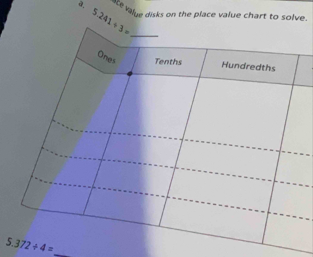 ace value disks on the place value chart to solve.
_
5.372/ 4= _