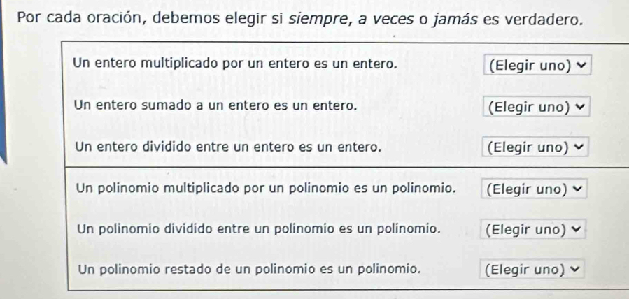 Por cada oración, debemos elegir si siempre, a veces o jamás es verdadero. 
Un entero multiplicado por un entero es un entero. (Elegir uno) 
Un entero sumado a un entero es un entero. (Elegir uno) 
Un entero dividido entre un entero es un entero. (Elegir uno) 
Un polinomio multiplicado por un polinomio es un polinomio. (Elegir uno) 
Un polinomio dividido entre un polinomio es un polinomio. (Elegir uno) 
Un polinomio restado de un polinomio es un polinomio. (Elegir uno)