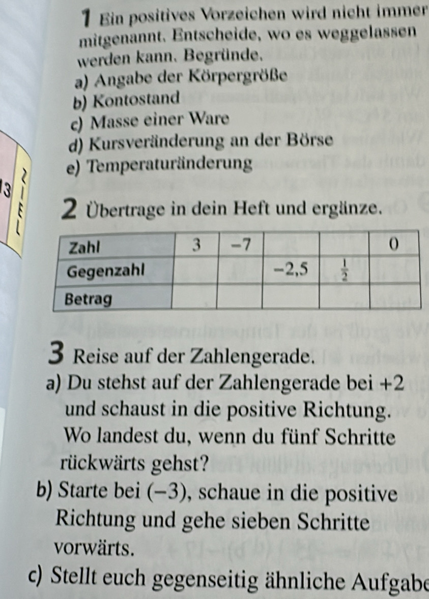 Ein positives Vorzeichen wird nicht immer
mitgenannt. Entscheide, wo es weggelassen
werden kann. Begründe.
a) Angabe der Körpergröße
b) Kontostand
c) Masse einer Ware
d) Kursveränderung an der Börse
e) Temperaturänderung
3
2 Übertrage in dein Heft und ergänze.
3 Reise auf der Zahlengerade.
a) Du stehst auf der Zahlengerade bei +2
und schaust in die positive Richtung.
Wo landest du, wenn du fünf Schritte
rückwärts gehst?
b) Starte bei (−3), schaue in die positive
Richtung und gehe sieben Schritte
vorwärts.
c) Stellt euch gegenseitig ähnliche Aufgabe