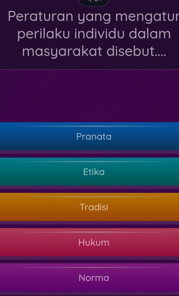 Peraturan yang mengatur
perilaku individu dalam
masyarakat disebut....
Pranata
Etika
Tradisi
Hukum
Norma