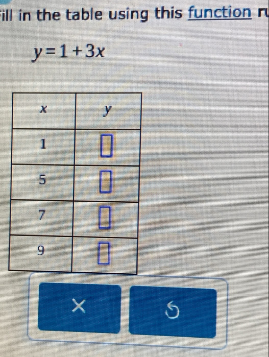 fill in the table using this function r
y=1+3x