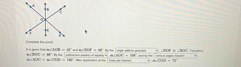 Solved: Complete the proof. It is given that m∠ AOB=42° and m∠ EOF=66 ...